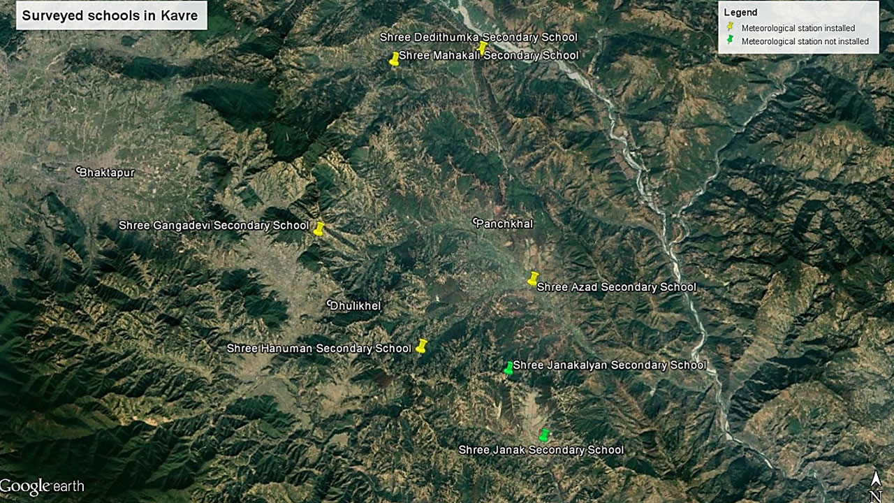 Map showing surveyed schools in Kavre
