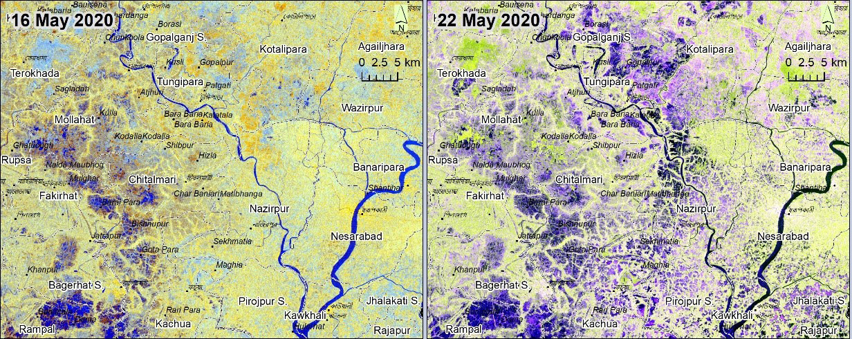 Pre/post flooding: Sentinel-1 imageries from 16 May 2020 and 22 May 2020
