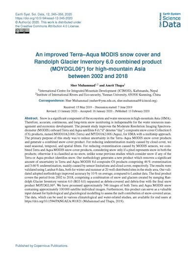 An improved Terra–Aqua MODIS snow cover and Randolph Glacier Inventory 6.0 combined product (MOYDGL06*) for high-mountain Asia between 2002 and 2018