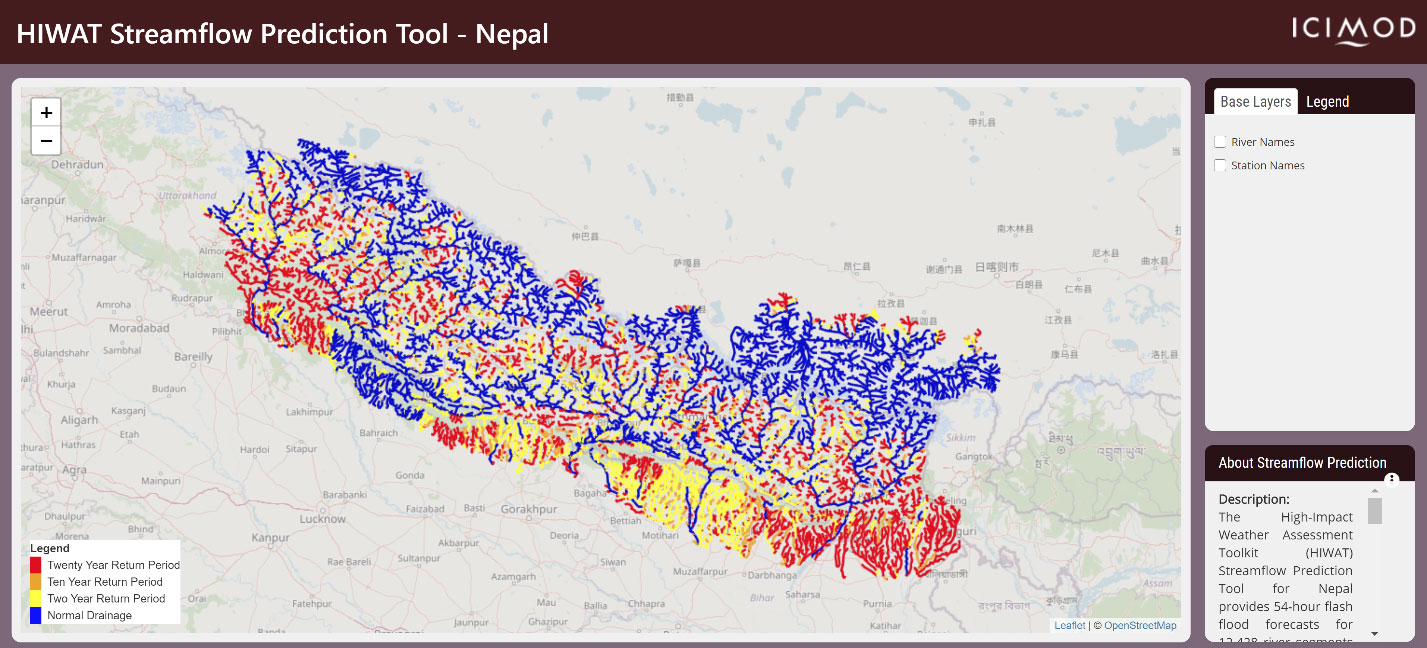 HIWAT-based streamflow prediction for Nepal showing prediction for 29 July 2020.