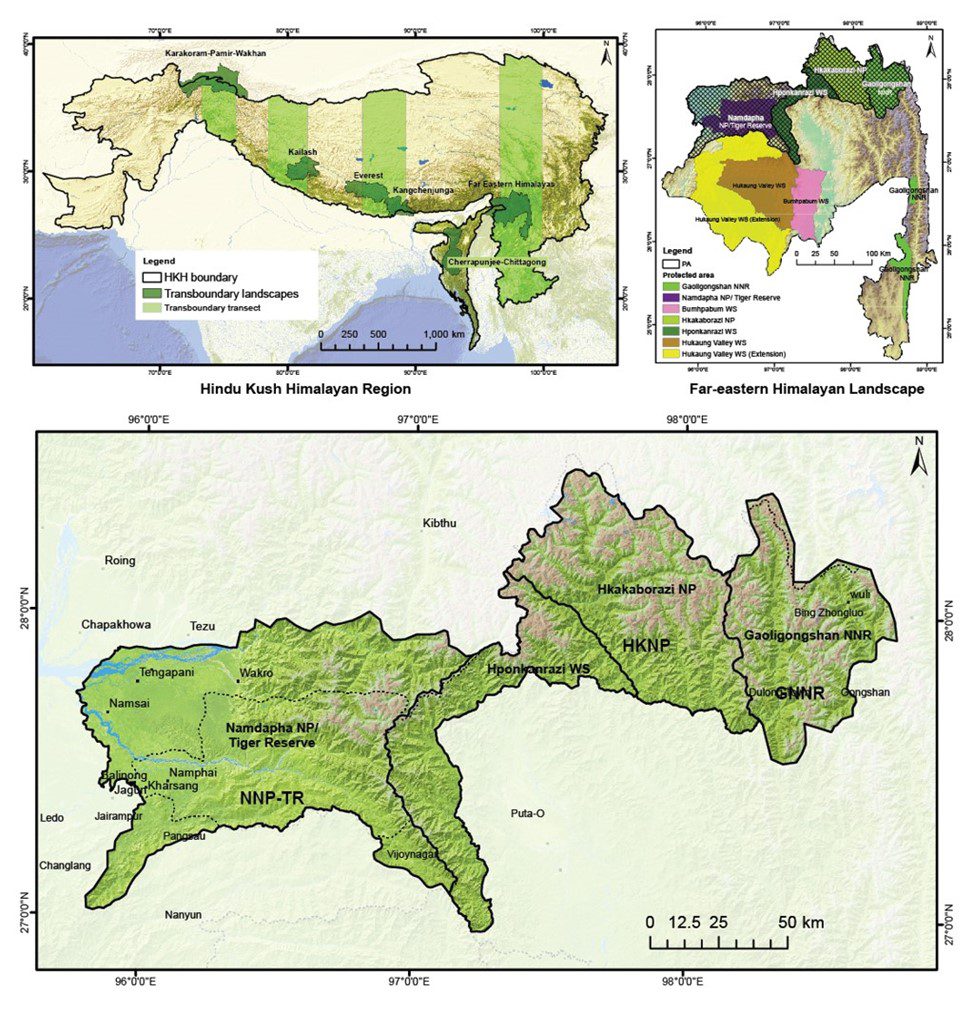 Study areas in the three far-eastern Himalayan landscape