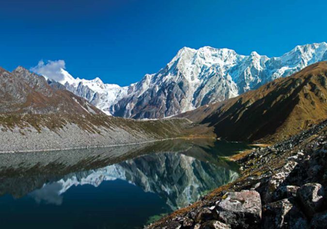 Ponkar Lake is a moraine-dammed glacial lake in Bimthang Valley